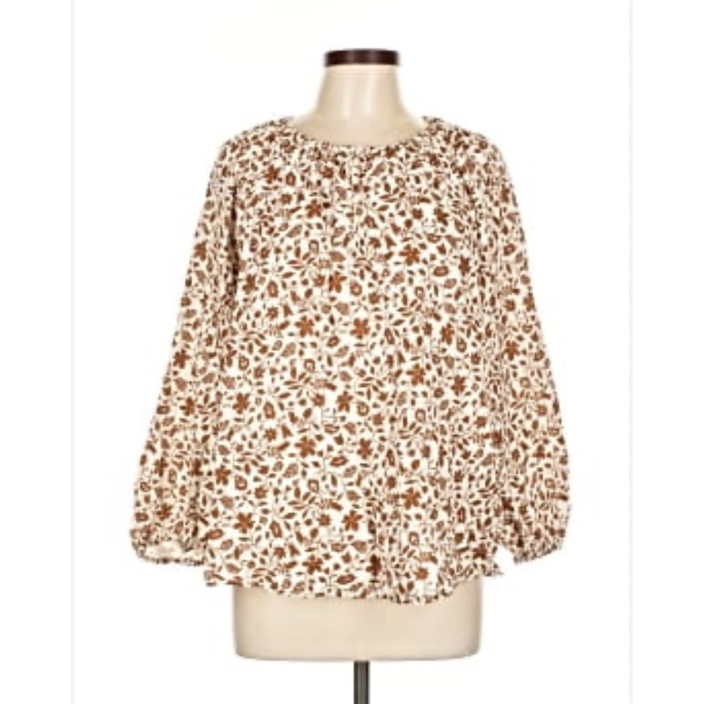 Old Navy Women Brown White Floral Peasant Blouse Long Sleeve Button Top Small